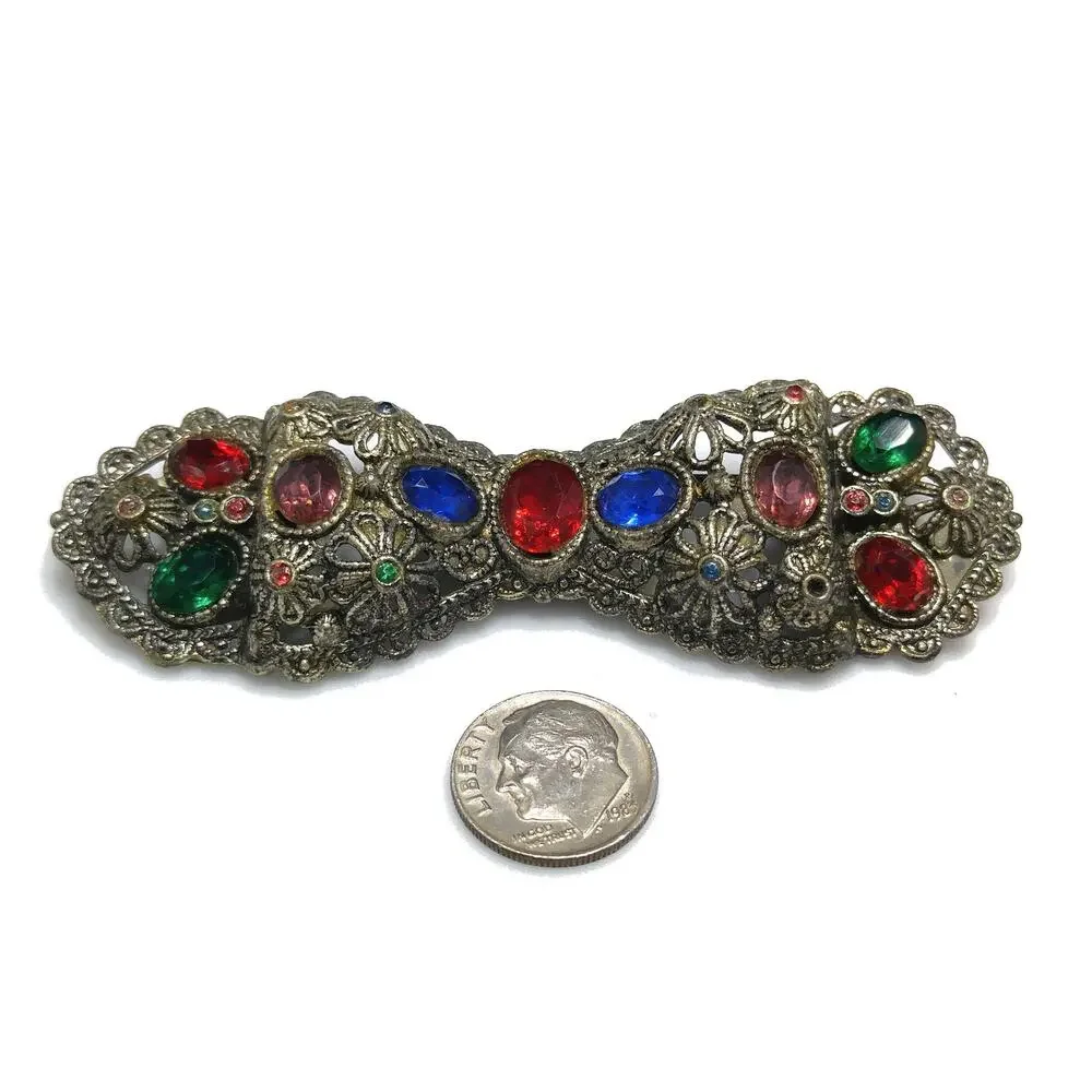 Vintage Rhinestone Floral Bow Brooch, Filigree Flowers, 1930s Jewelry